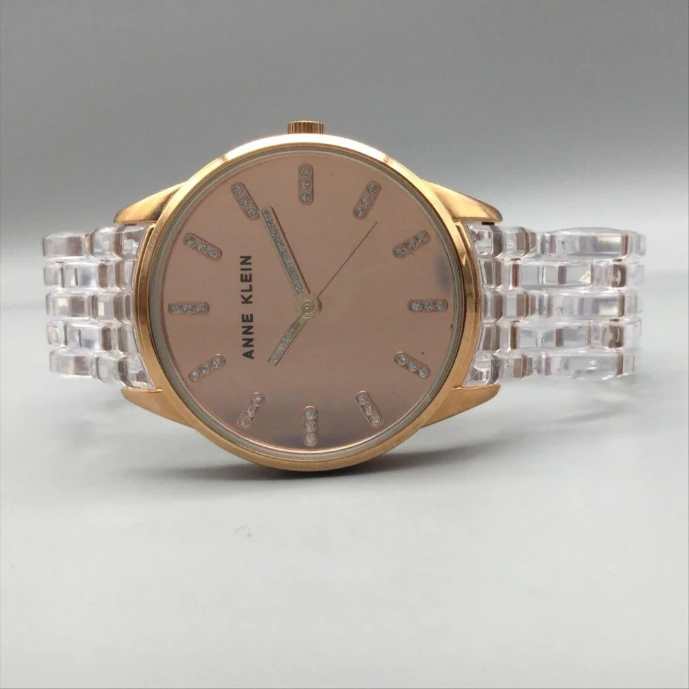 Anne Klein Womens Watch 36mm Rose Gold Dial Clear Resin Bracelet New Battery 6